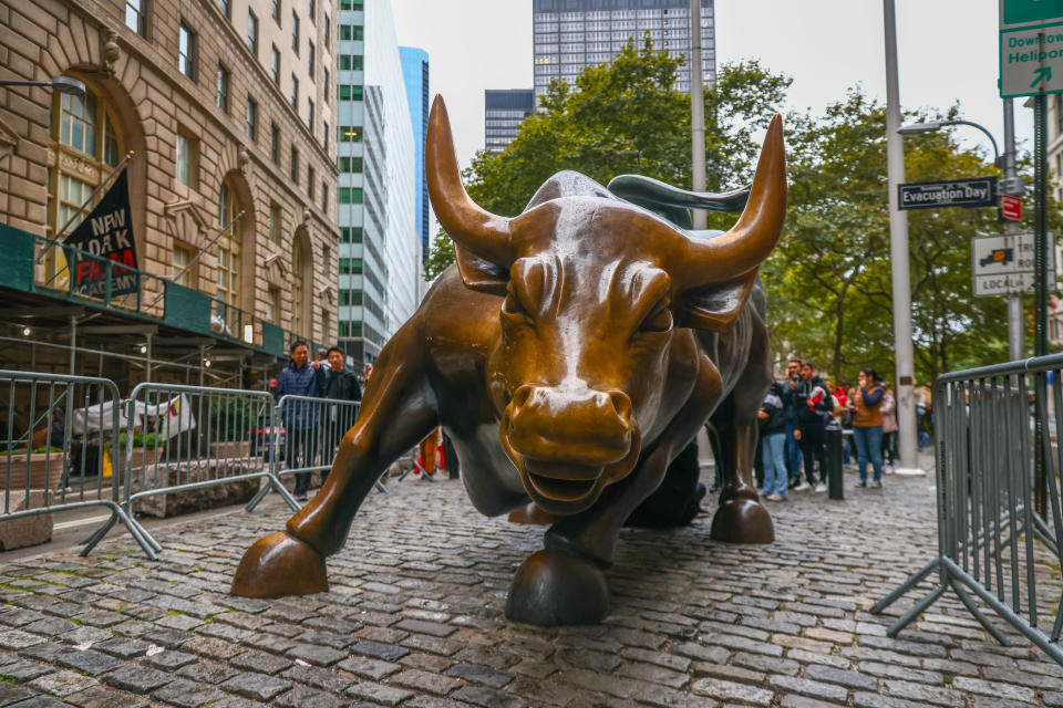 Bronze sculpture Charging Bull in the financial district of Manhattan, New York, United States, on October 23, 2022. The sculpture was created by Italian artist Arturo Di Modica in the aftermath of the 1987 Black Monday stock market crash. (Photo by Beata Zawrzel /NurPhoto via Getty Images)